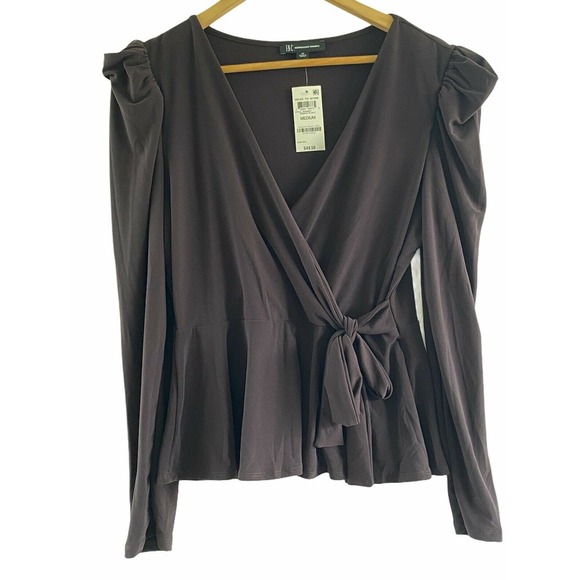 INC INTERNATIONAL CONCEPTS SURPLICE TIE TOP BLOUSE FRENCH ROAST BROWN Sz S AND M - Picture 1 of 12
